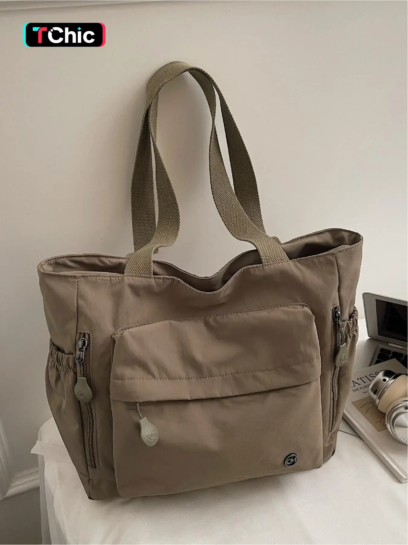 Large capacity women's bag 2025 new simple style one shoulder tote bag canvas bag college student computer bag multi pocket handbag, Casual, Daily commuter bag, suitable for work, shopping