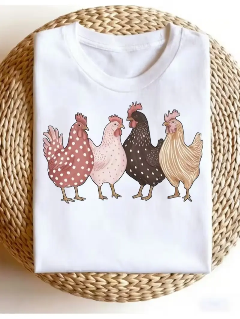 Wowos Women's Short-Sleeve Roundneck T-Shirt - Cute Chicken Print Garment, Comfortable Fabric, Everyday Casual Fashion Top, Easter Christmas Party Attire Gift, Shortsleeve