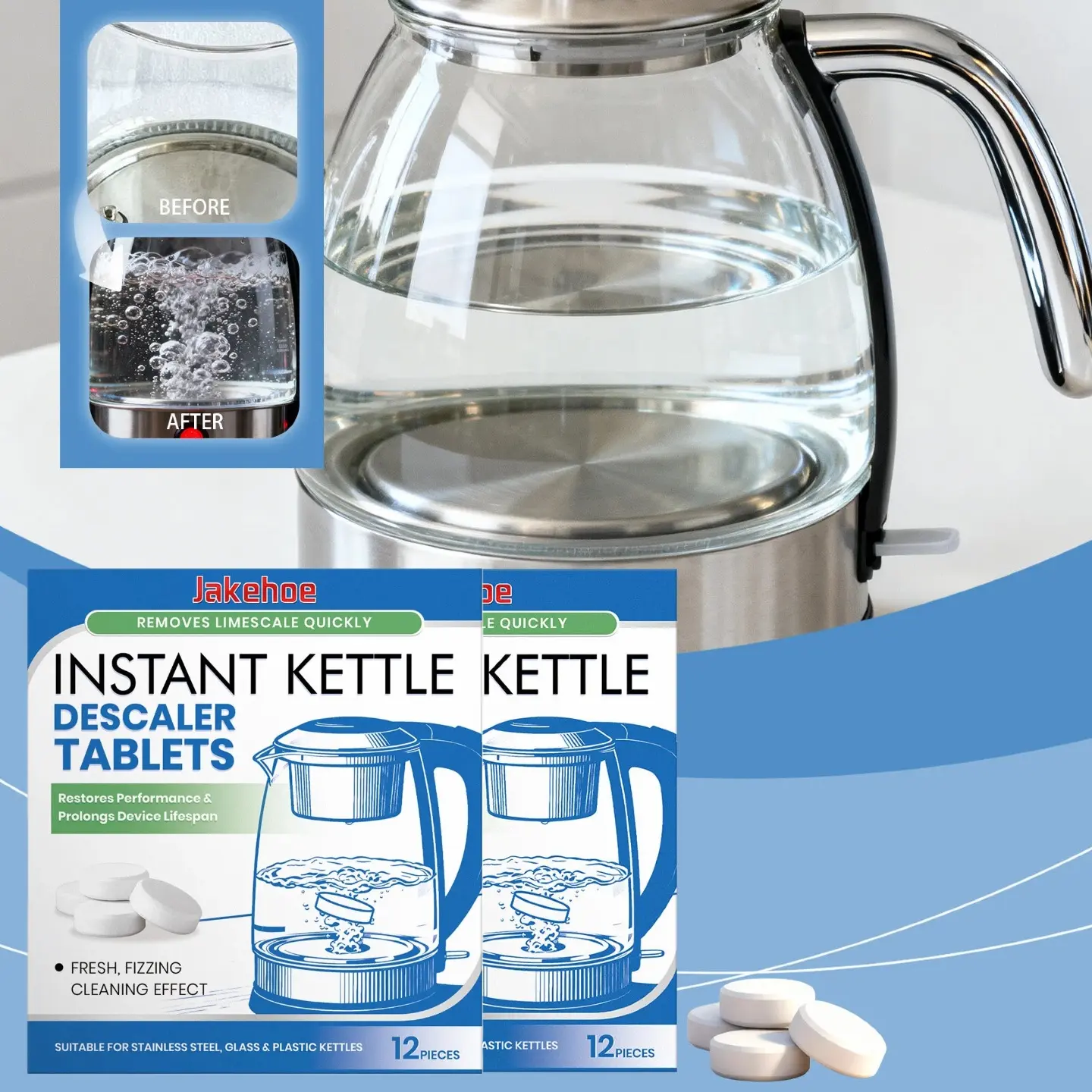 Fast Acting Instant Kettle Descaler Tablets - Kettle Cleaner, Kettle Cleaning, Kettle Descaling, Removes Limescale Buildup in 30 Mins, No Scrubbing Needed! (24 PCS), Natural Citric Acid Formula, Safe & Non-Toxic