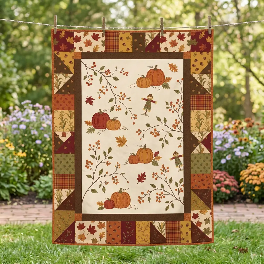 Autumn Quilt Blanket, Fall Pumpkin & Maple Leaf Patchwork Throw Blanket, Cozy Farmhouse Bedding, Thanksgiving Home Decor, Rustic Sofa Bed Blanket, Fall Decor 2026