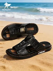 Men's Summer Casual Sandals, PU Leather, PVC Sole, Crocodile Texture, Hollow Out Design, Outdoor Beach House Shoes, Trendy Comfortable Footwear