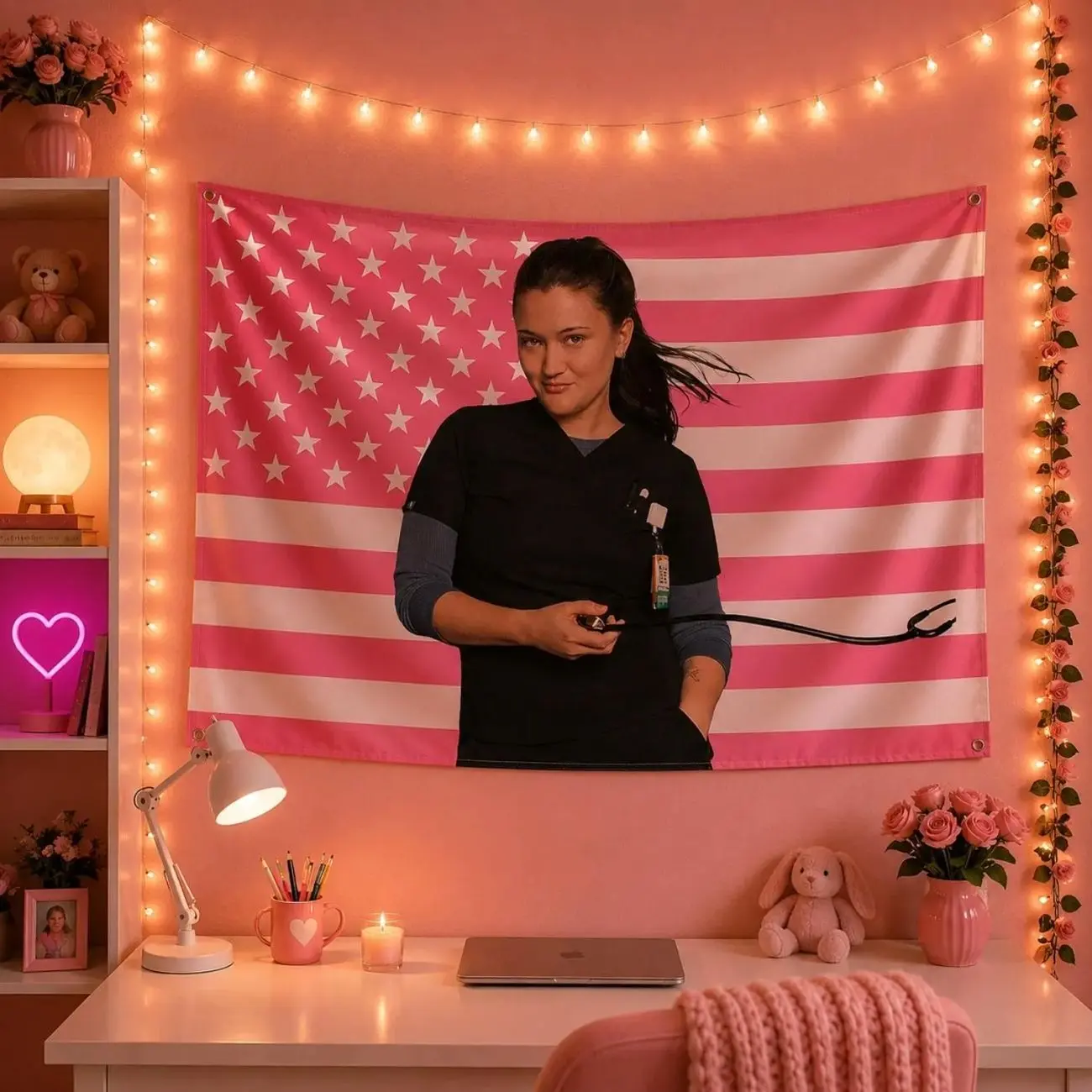 Dr Trinity Santos Pink US Flag | Hot Doctor Aesthetic Flag | Isa Briones Poster | Medical TV Character Decor | Frat Room Flag