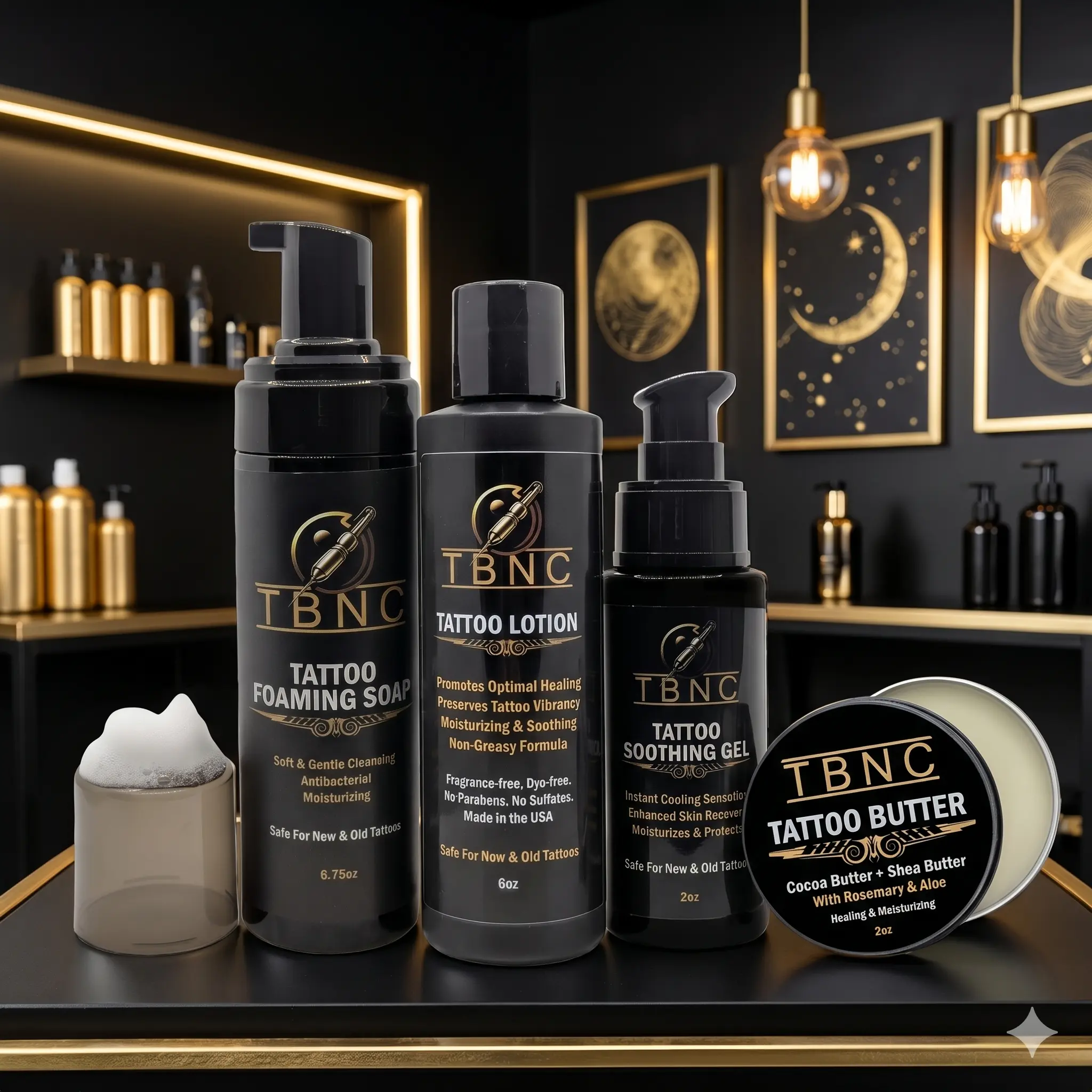 TBNC Tattoo Aftercare Bundle - Foaming Soap, Soothing Gel, Lotion & Butter for New & Old Tattoos - Dermatologist Tested, Vegan, Cruelty Free