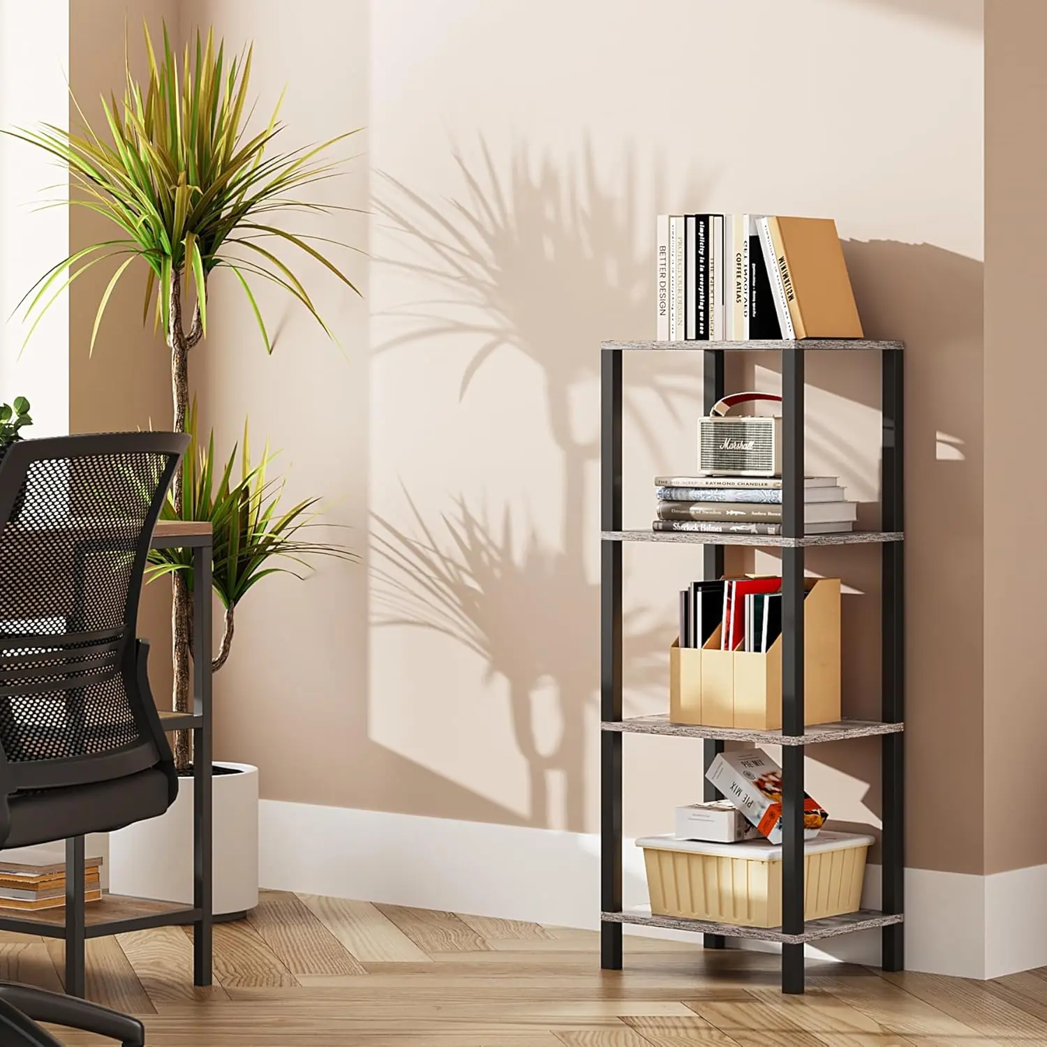 Bookshelf, 4-Tier Tall Book Shelf, Narrow Bookcase for Small Space, DIY Stackable Bookshelf, for Living Room, Office, Study, Entryway, Industrial, Greige and Black BS01BG004
