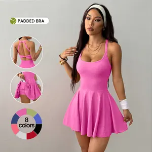 Hijesse Women's Solid Blue High Stretch Sports Dress with Built-in Pocket for Yoga Workout Casual Active Spring Summer Fall Winter Breathable Anti-Exposure Backless Sleeveless Athletic Wear Knitting Fabric SpringStatements