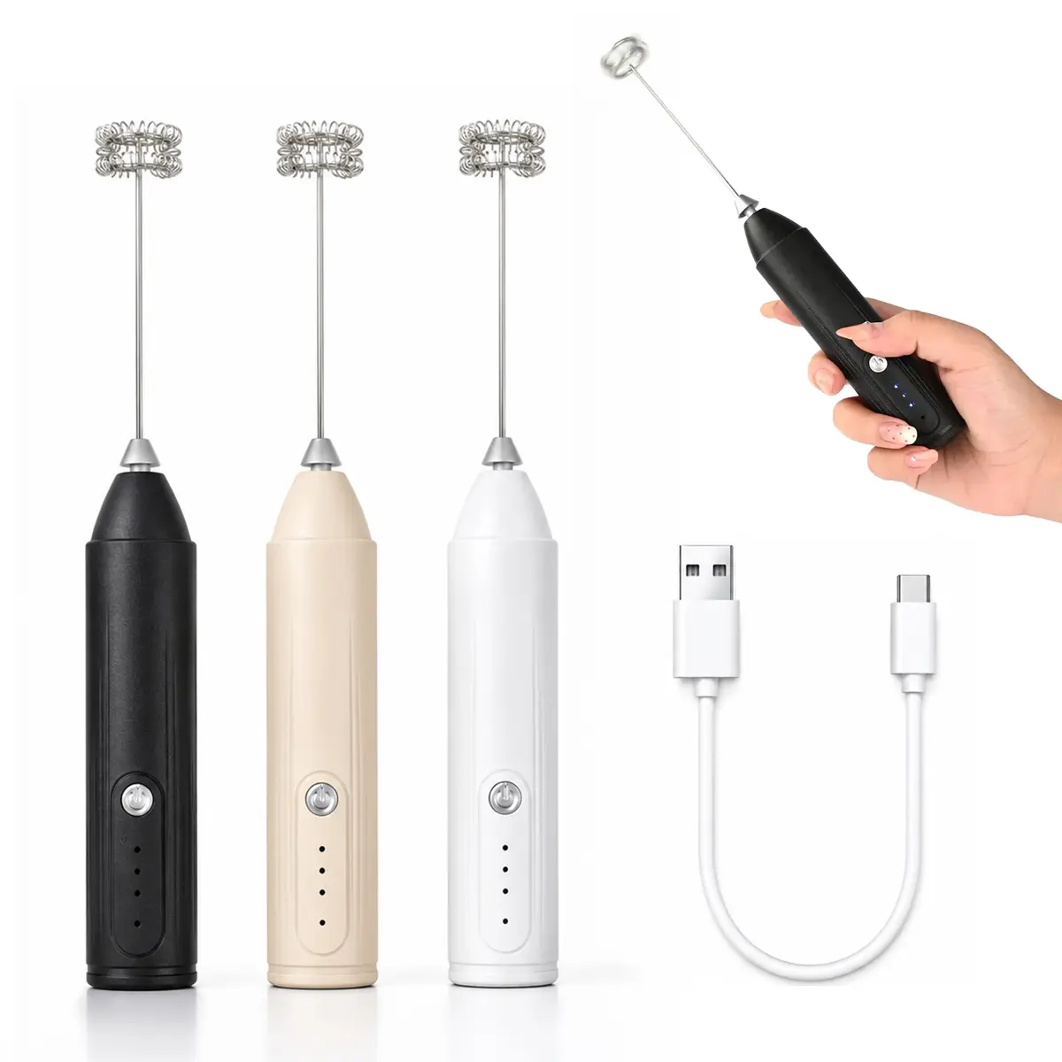 Electric Rechargeable Milk Frother Handheld Dual Coil Whisk Head Mixer, USB-C Portable Hand Frother Wand Drink Mixer for Milk, Coffee,  Latte, Cappuccino, Bulletproof