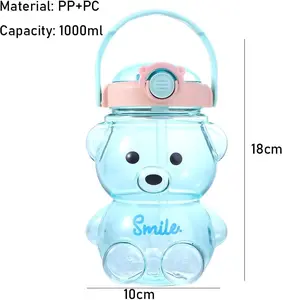 Large Capacity Straw Water Cup Cute Bear Belly Cup Outdoor Sports Bottle 1000ml Plastic Water Cup