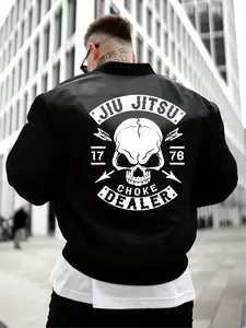 Men's Skull Design Casual Stand Collar Zipper Jacket, Fall & Winter Fashion, Windproof Warm Sweatshirt, Perfect Gift Idea