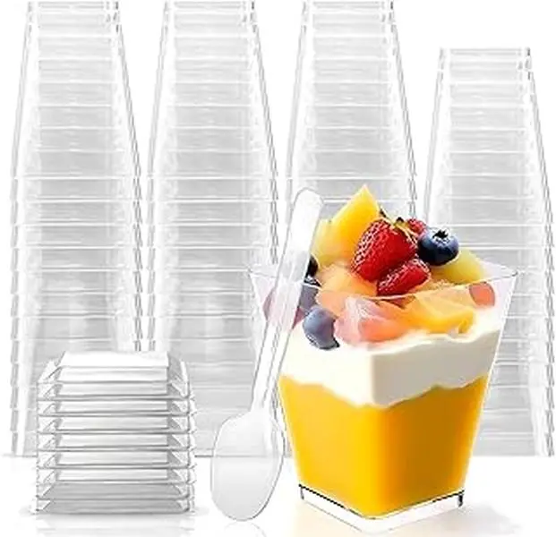50 Pack Clear Square Disposable Dessert Cups with Matching Lids & Spoons, Stackable Plastic Parfait Container for Mousse Fruit Trifle Yogurt & Party Individual Mini Treats