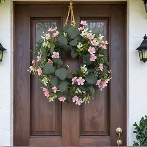 One imitation crabapple blossom eucalyptus leaf wreath. This spring and summer wreath is used for decorating the front door, window, festival porch, farmhouse, garden, and home interiors, weddings, dining tables, and parties, Artificial Flower Wreath