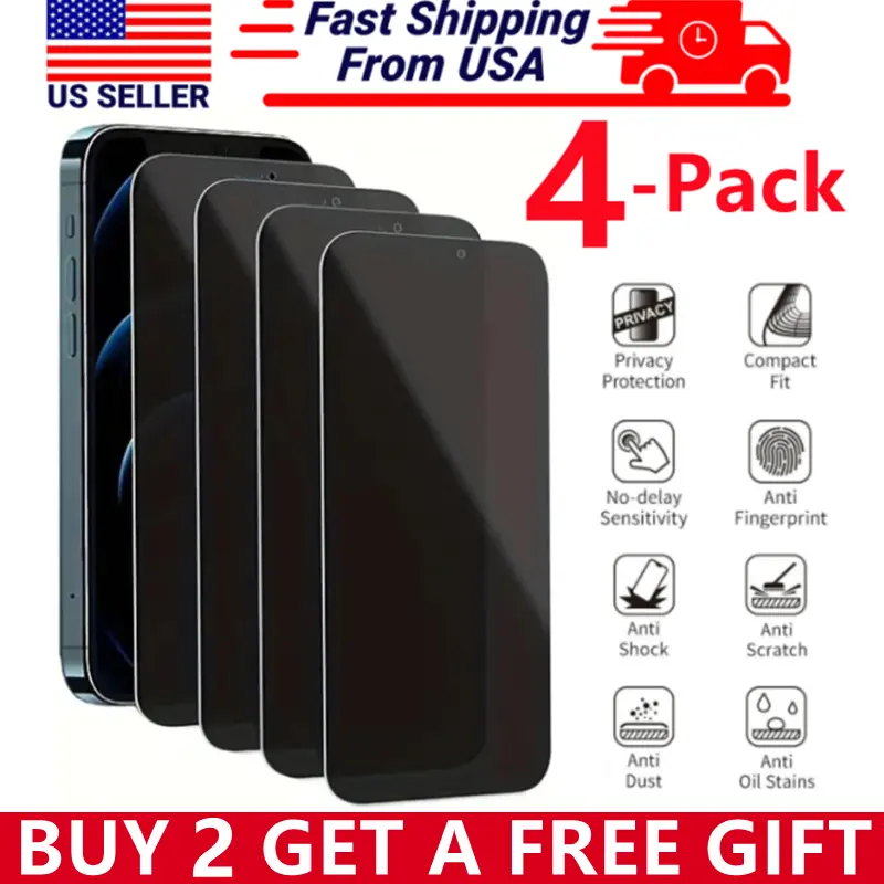 4 Pcs Privacy Screen Protector for iPhone 17 Pro Max Plus 16 15 14 13 12 11 XR XS MAX 8 7 6, 9H Anti Spy Private Tempered Glass Film, Anti-Scratch