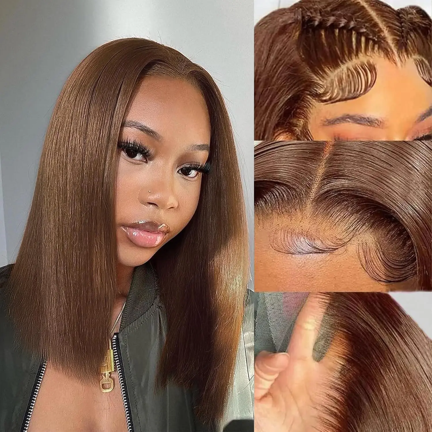 Vinisay Brown Short Bob Wig Human Hair Straight 13x4 HD Lace Front Wigs for Women Glueless Short Bob Lace Frontal Wig Human Hair Pre Plucked 180% Density Chocolate Color
