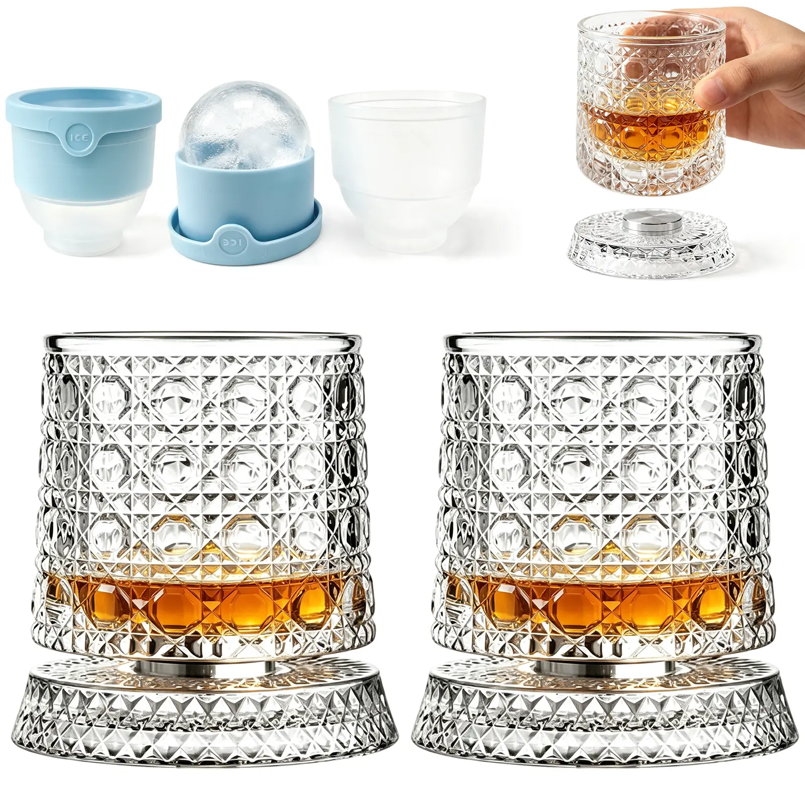 360° Rotating Crystal Whiskey Glass – Elegant Spinning Wine Cup, Star-Cut European Fidget Glassware, Luxury Bar Gift Set, Spinning Tumbler