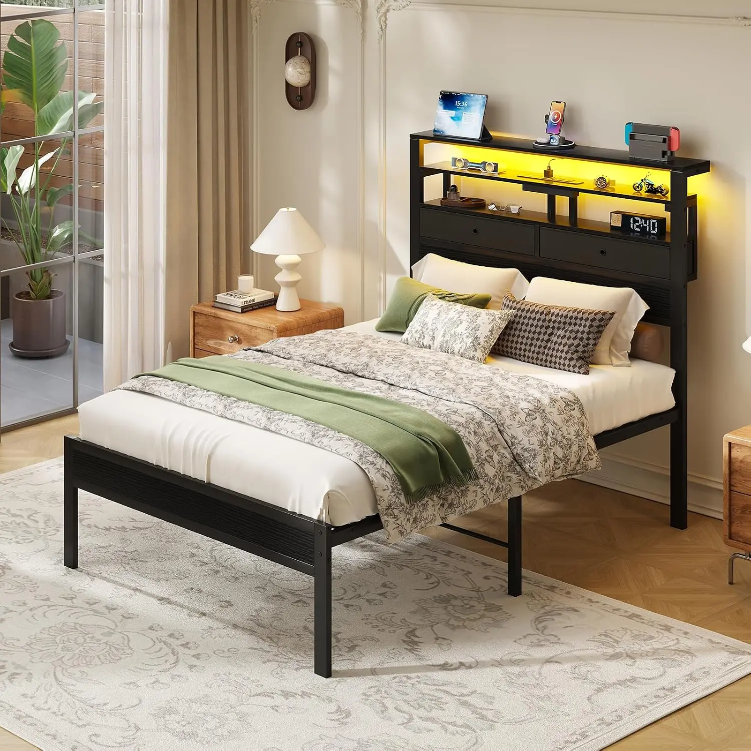 Twin Size Platform Bed Frame with Charging Station & LED Lights, Black Oak, Wood Headboard, 2 Fabric Drawers, 3-Tier Storage Shelves, Metal Slats, No Box Spring Needed