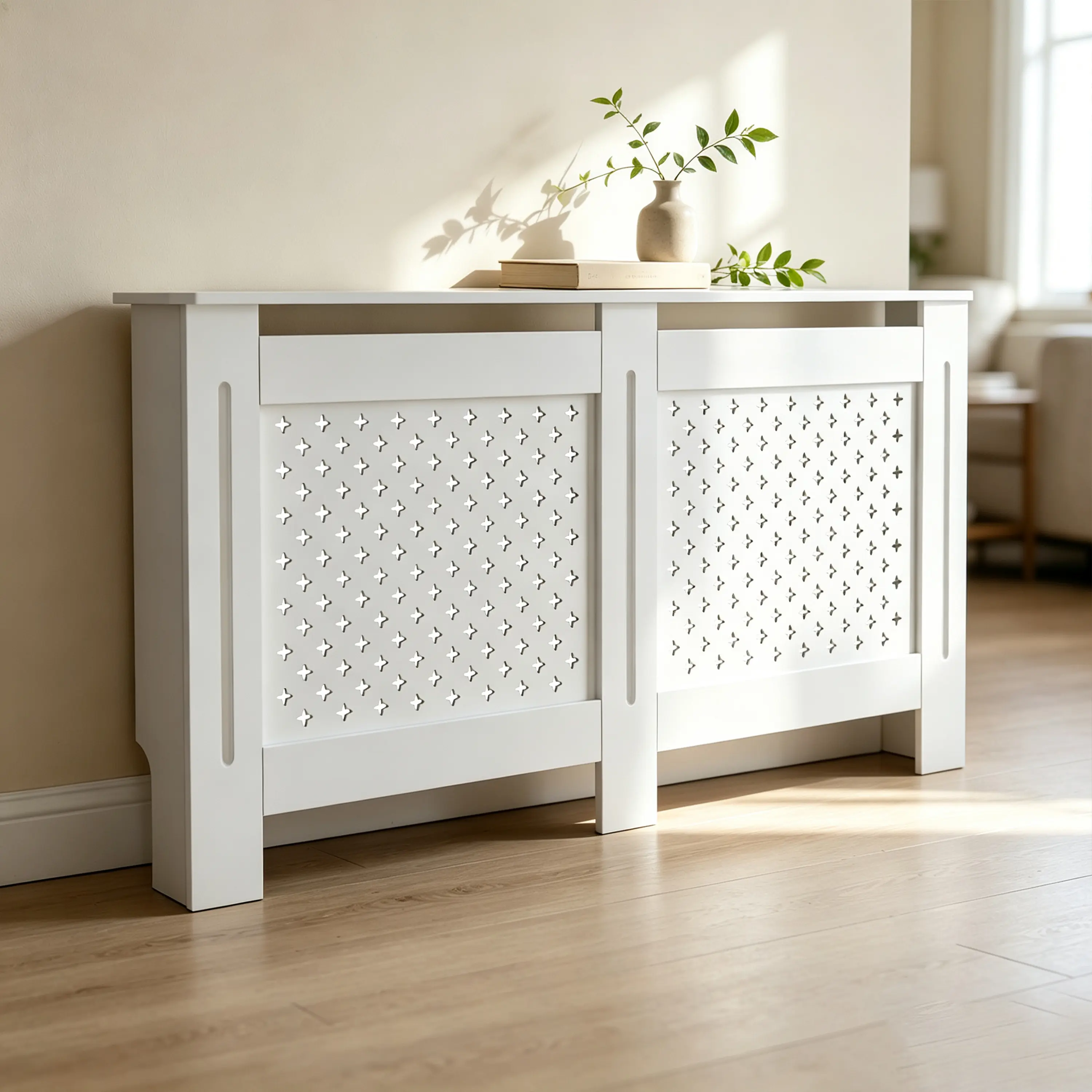 Large Size Single Unit Modern Rectangular MDF Wood Radiator Cover - Decorative Perforated Front Panel Cabinet, Multi-Functional Top Shelf, Easy-Assembly Indoor Heating Enclosure