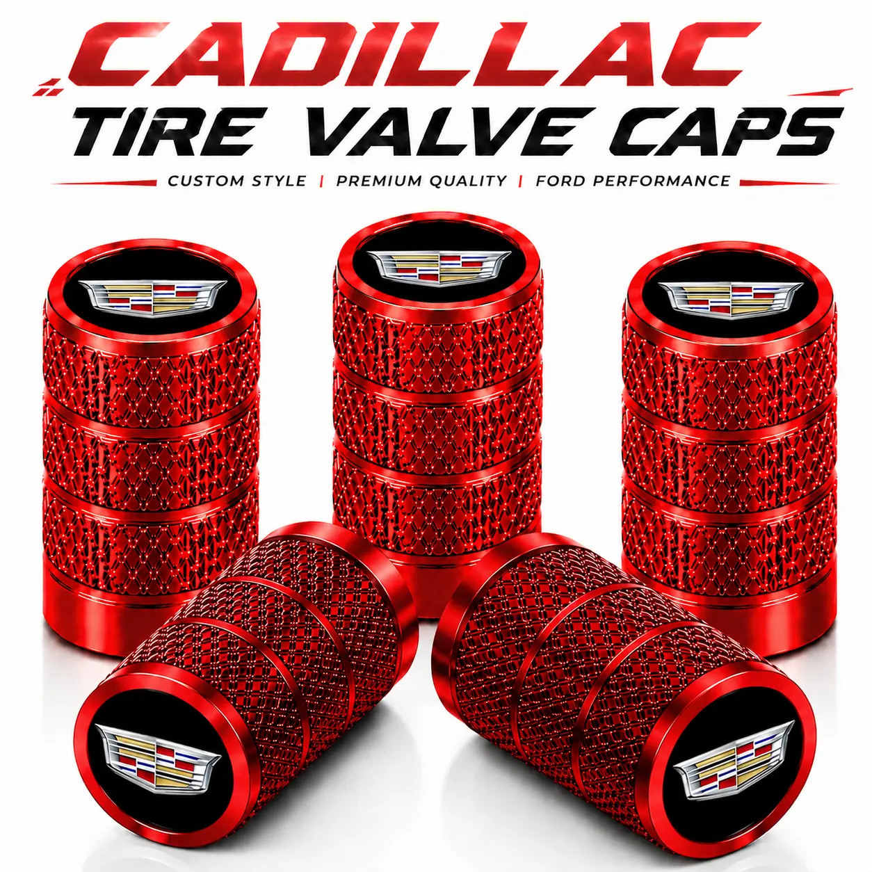 tire valve stem caps for cadillac escalade, rust weather resistant airtight rubber seal, no tool hand tighten install, fits american luxury suv sedan, decorative auto exterior parts, metal valve dust protectors, replacement wheel accessories