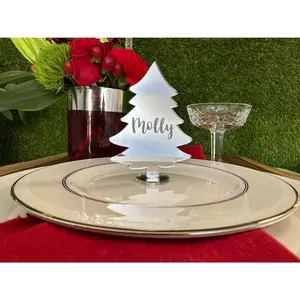 Name Place Card Christmas Tree Personalized | Custom Guest Card | Holiday Place Setting in Silver Mirror | Engraved | Printed Acrylic