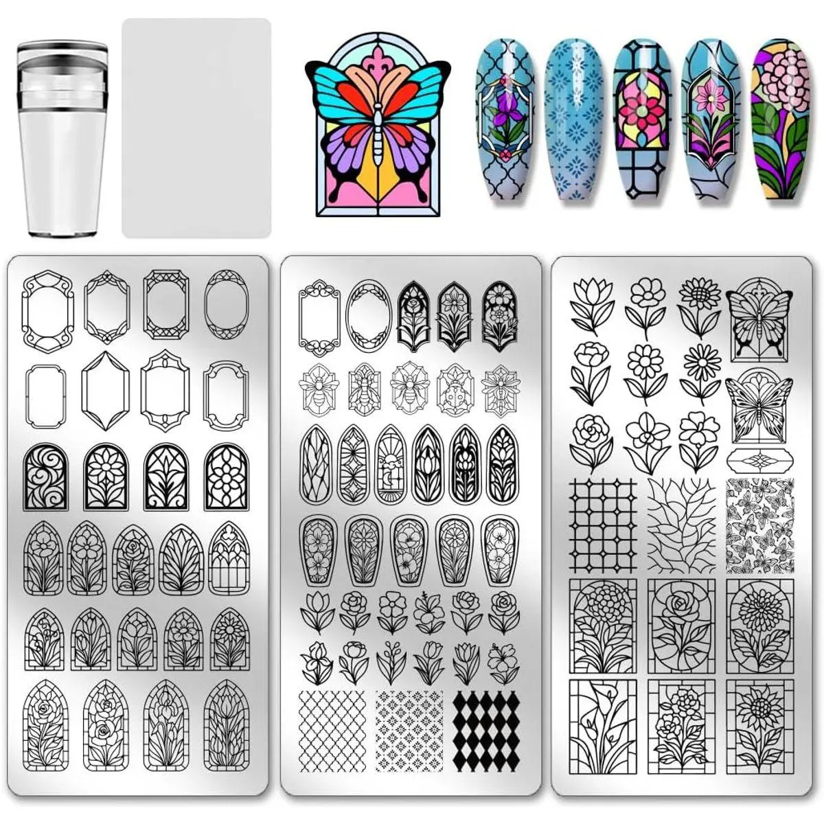 3pcs Flower Window Nail Stamping Plates Glass Nail Art Templates Tulip Rose Daisy Manicure Art Stencils Butterfly Nails Image Plates for Women DIY Manicures Salon Design Print