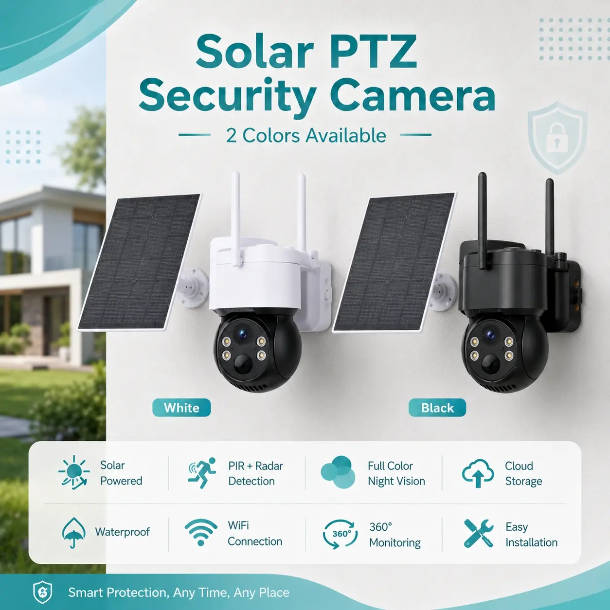 Solar Powered PTZ Security Camera - Wireless Outdoor Wi-Fi Camera with Remote Access, 360° Viewing Support, Solar Security Lighting, Motion Detection, Full Color Night Vision, Built-in Battery, Easy Installation (White/Black)