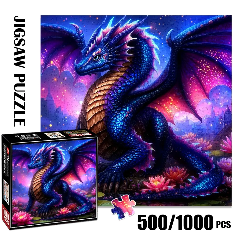 1pc 1000 piece adult puzzle 58x58cm Fantasy Blue Dragon with Cityscape and Lotus Flowers 500 pieces of paper puzzle, suitable for adults and families, large-scale DIY puzzle interactive toy games,