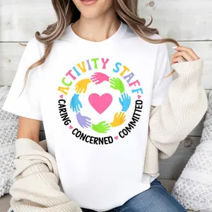 Colorful Activity Staff Heart Hands Design, Women's T-Shirt, Caring Concerned Committed Theme, Casual Wear, Gift For Volunteers