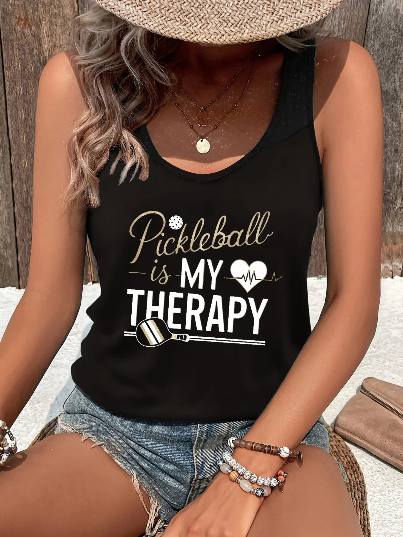 Pickleball Is MY Relax Letter Print Tank Top, Sleeveless Casual Top for Summer & Spring, Women's Clothing