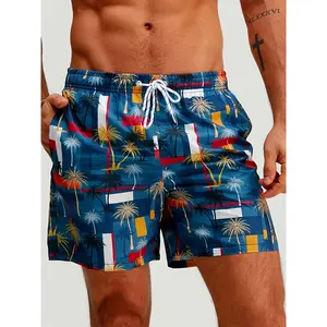 Men's Premium Tropical Palm Tree Print Quick-Dry Swim Trunks - Luxury Performance Elastic Waist Drawstring Board Shorts with Side Pockets, Lightweight Breathable Beachwear for Surfing, Summer Pool Parties