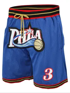 Men's 3 Blue Vintage Embroidered Zipper Basketball Shorts, Casual Fitted Training Pants for Spring & Fall, Moderate Fabric, Comfortable Fit, Athletic Shorts