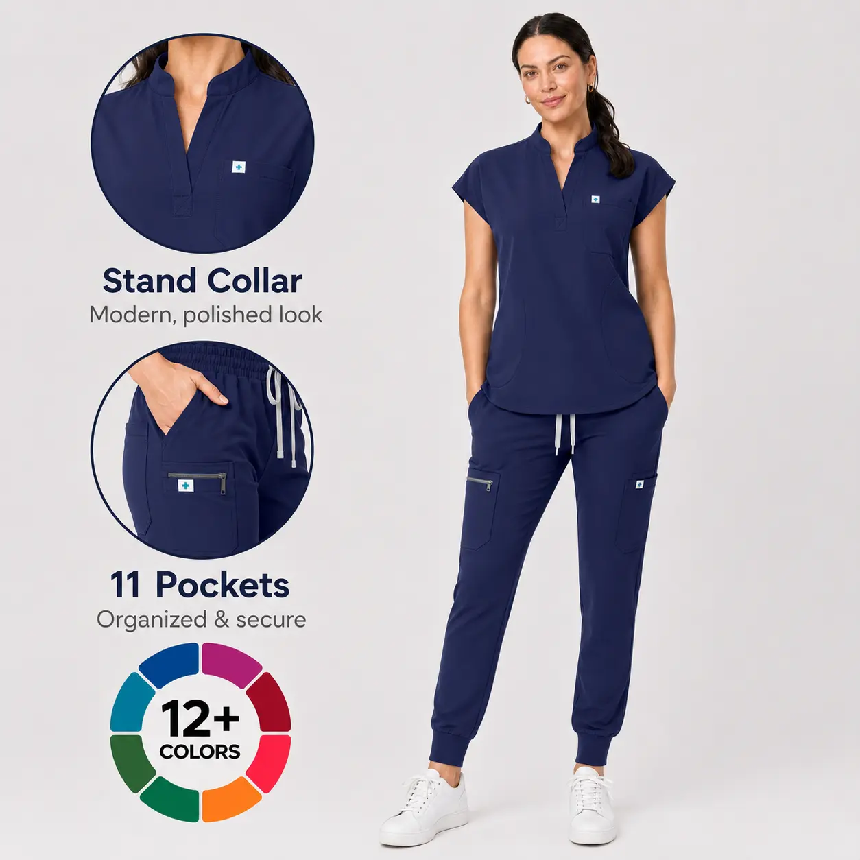 EIPNARE Scrubs for Women Set with 11 Pockets, 4-Way Stretch Stand Collar Top & Yoga Waist Jogger Pants, Lightweight Anti-Wrinkle Medical Workwear