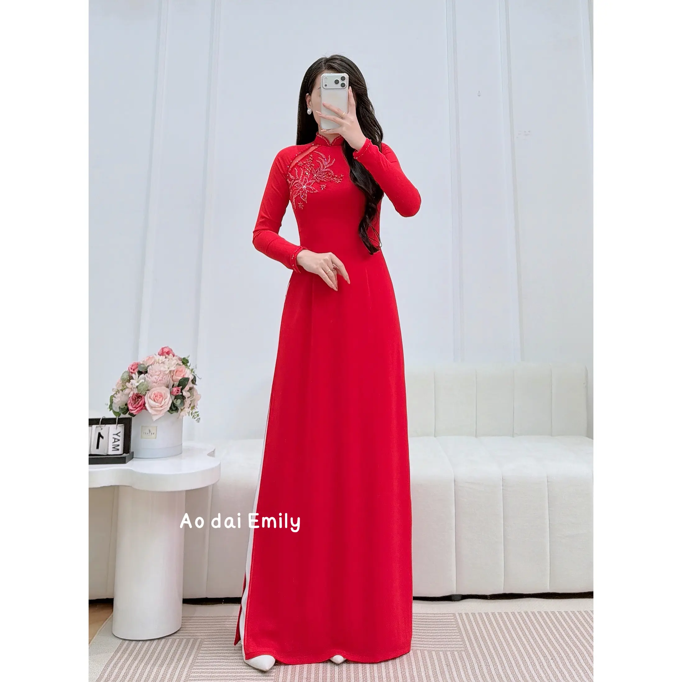 Red Ao dai with cut out designed crystals| Cardinal flower