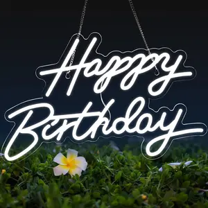 Happy Birthday Neon Sign for Wall Decor, LED Light Up Sign, USB Powered Dimmable Neon Light for Birthday Party Decorations Backdrop, White