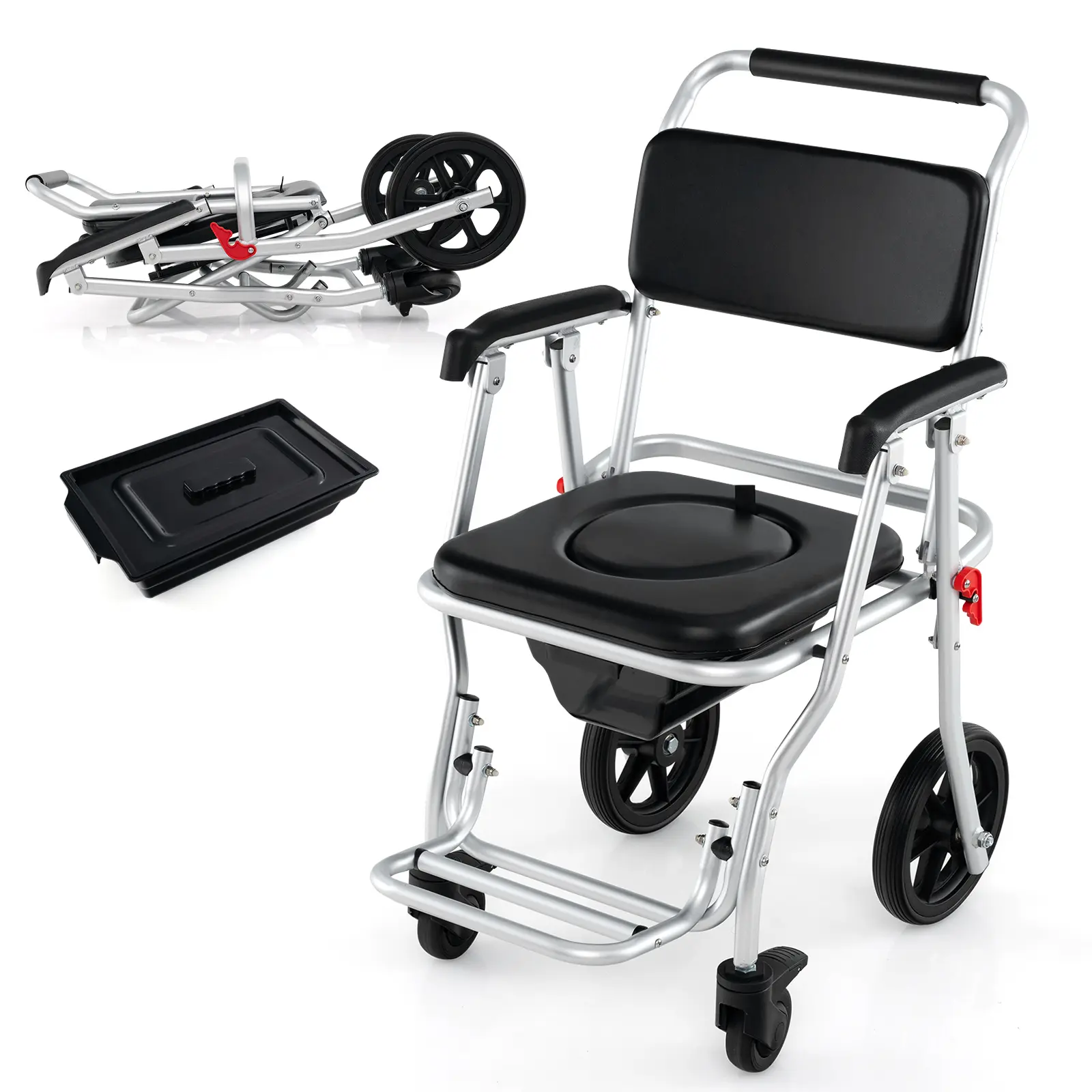 COSTWAY - 4-in-1 Foldable Bedside Commode Chair with Brakes and Bucket and Footrest