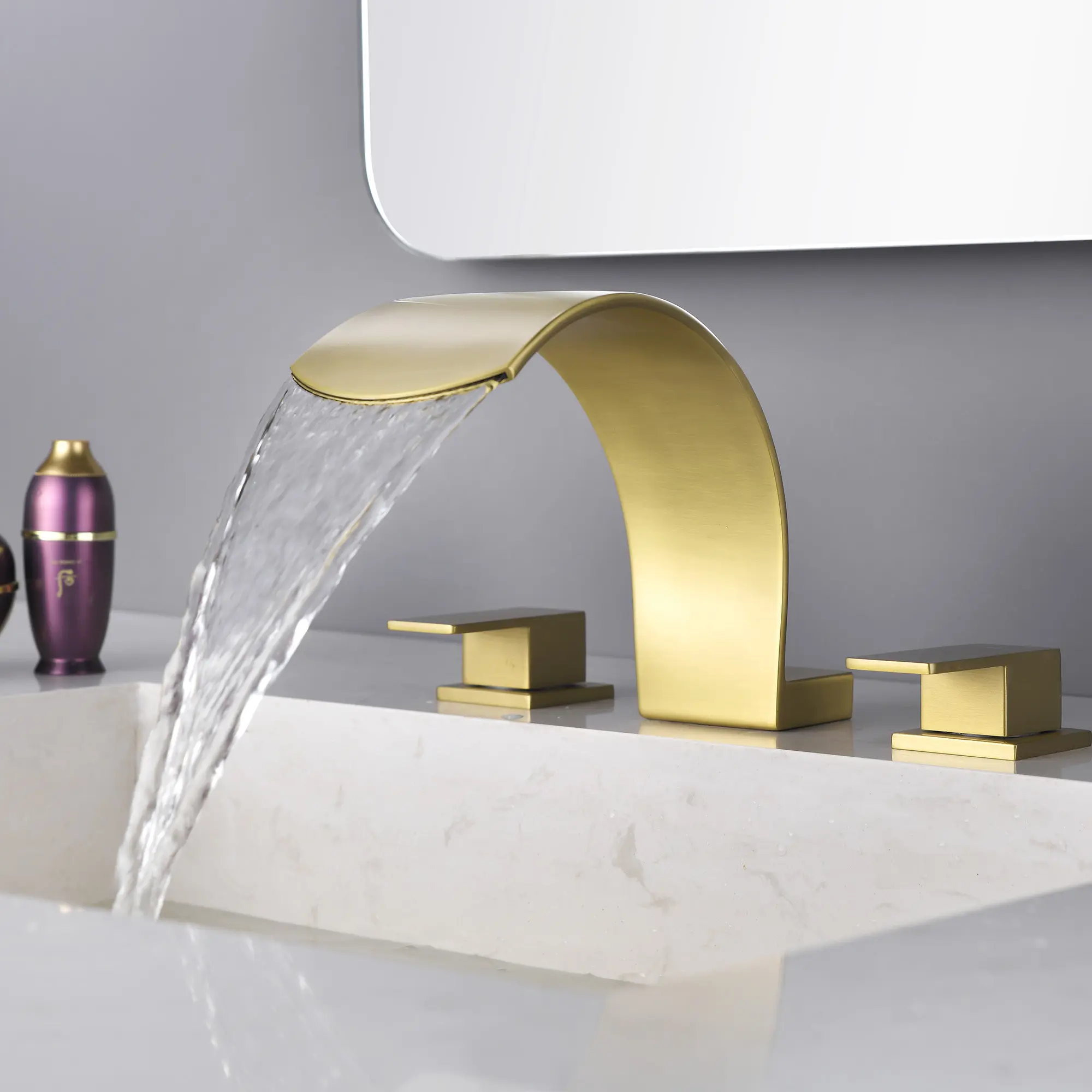 3-Piece Widespread Bathroom Sink Faucet, Waterfall Deck-Mounted Solid Brass Nickel Taps with 1.2 GPM Adjustable Flow Control - Matte Black, Brushed Gold Finishes, Nickel double handle Bathroom Sink Taps
