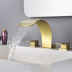 3-Piece Bathroom Sink Faucet Waterfall Deck Mounted Brushed Nickel Three Hole Bathtub Faucet Matte Black 1.2 GPM Adjustable Flow Control Widespread Basin Faucet -Brushed Gold Finish