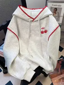 Women's Autumn Cherry Decor Drawstring Fitted Hoodie with Pockets, Sweet Girl Casual Style, Comfortable Home, Eye-Catching Single Piece