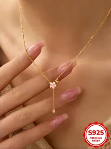 Women's S925 Silver Flower Pendant Necklace, Cute Japanese Style Sakura Design Jewelry Gift for Women Daily Wear Accessories