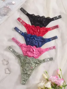5 Pcs Sexy Love Letter Rhinestone Thong, Soft Comfortable Elastic Breathable Lady Underwear, Elegant Fitted Plain Design, All Seasons Wear