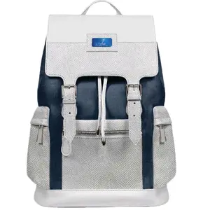 Vanguard Luxury Fashion Backpack White & Navy Blue Design with Front Pockets Adjustable Straps Python Embossed Leather Italian Crafted 14.56”H x 11.61”W x 5.90”D