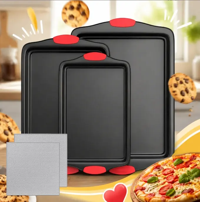 3-Piece Complete Baking Set: Includes 3 stackable, non-stick carbon steel baking pans in various sizes (featuring red heat-resistant silicone handles) and 2 stainless steel cleaning cloths; suitable for baking cakes, cookies, and bread.