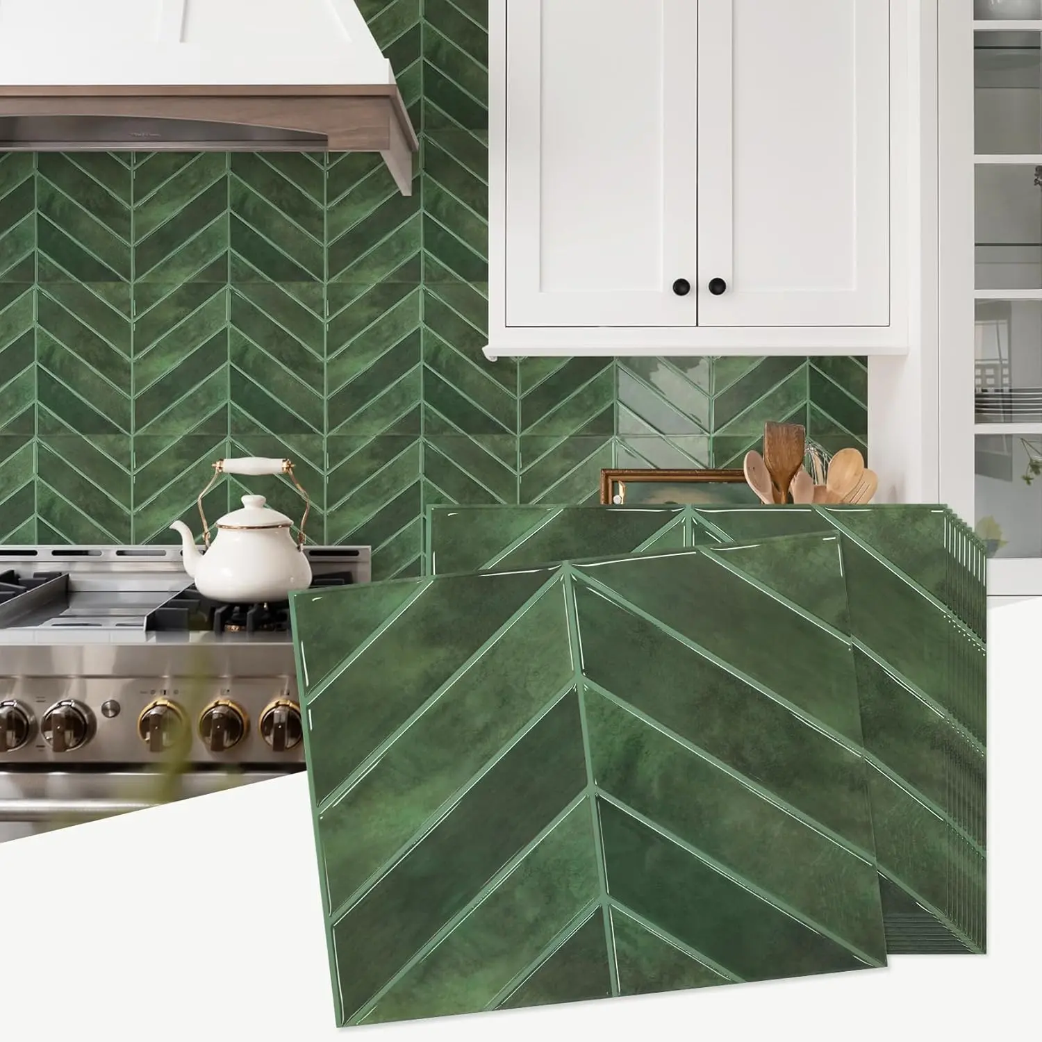 10-Pack Durable Modern Geometric Synthetic Thick Herringbone Peel-and-Stick Decorative Wall Tile Stickers, 12.6x9.7in Self-Adhesive Backsplash Tiles for Kitchen, Bathroom, Green