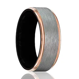 GOLIATH Rose Gold Edges Tungsten Wedding Band Gray Brushed Black Inside
