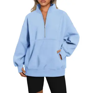 AUTOMET Women's Half Zip Oversized Sweatshirts Fleece Long Sleeve Hoodies Casual Sweaters with Pockerts Large Lightblue