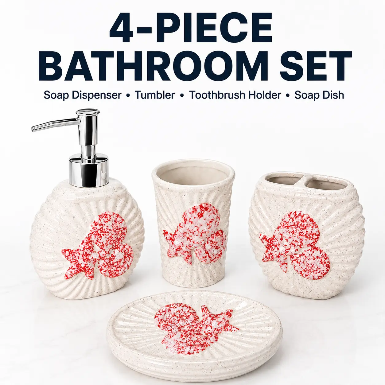 Ocean Theme Ceramic Bathroom Decor Set (4-Piece) | Coastal Seashell Bathroom Accessories with Lotion Dispenser, Toothbrush Holder, Tumbler, Soap Dish