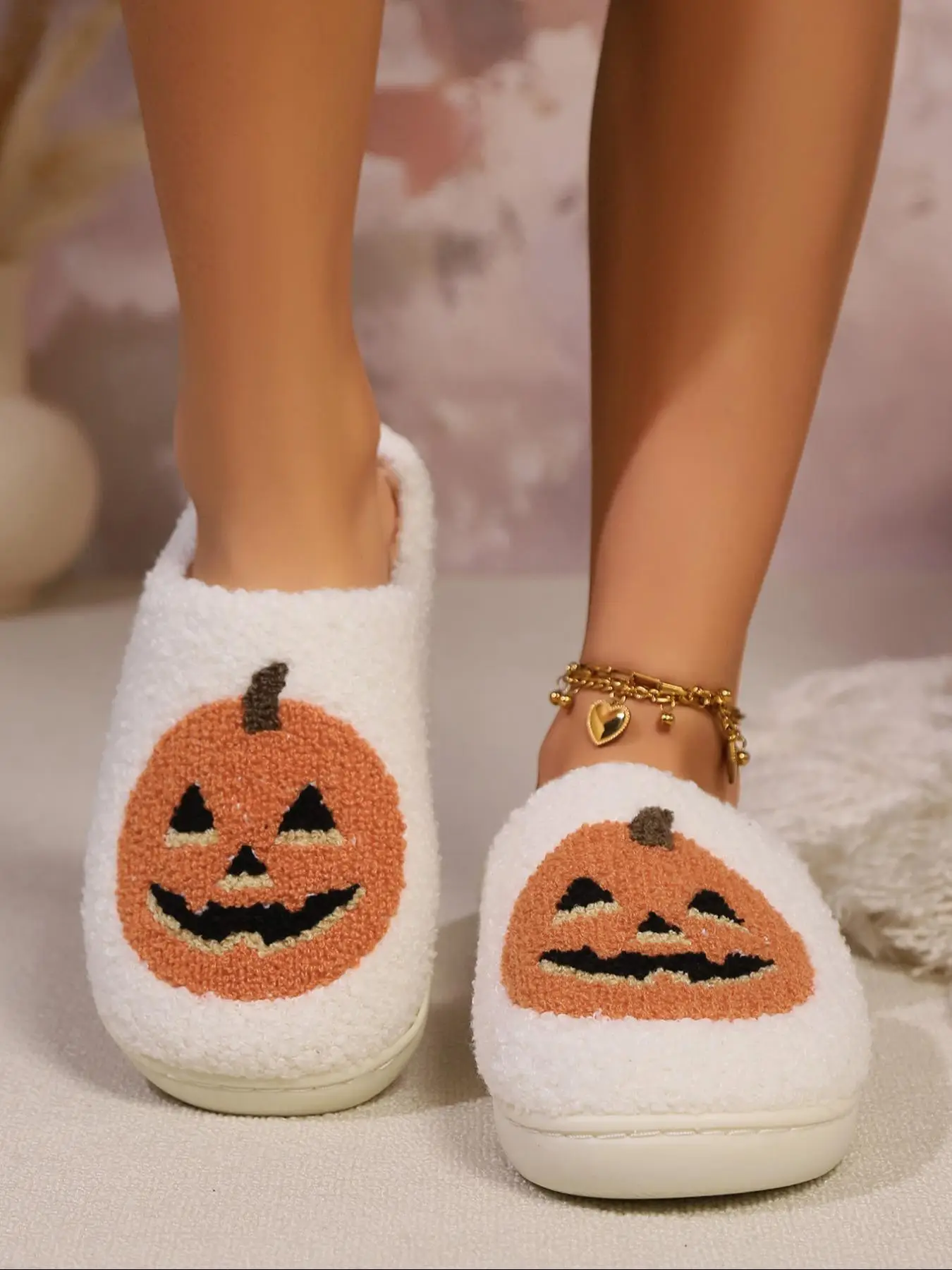 Women's Halloween Themed Cartoon Pumpkin Pattern Slippers, Cute Soft Comfortable Home Slippers, Warm Slippers for Indoor & Outdoor Use for Fall & Wint