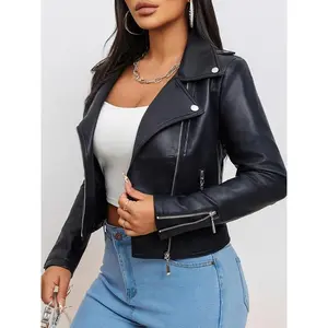 Women's Fashion Faux Leather Jacket 2024, Slim Fit PU Leather Biker Jacket, Solid Color, Long Sleeve, Zipper Front, Spring/Autumn Season, with Pockets, Commuter Style