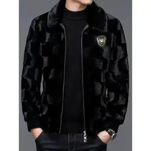 Thick & Warm Men's Luxury Faux Mink Jacket - Stylish Lapel with Zip Closure Winter Coat Casual Tops Black Fabric Fur Long Sleeve Menswear Collar Polyester Motocross