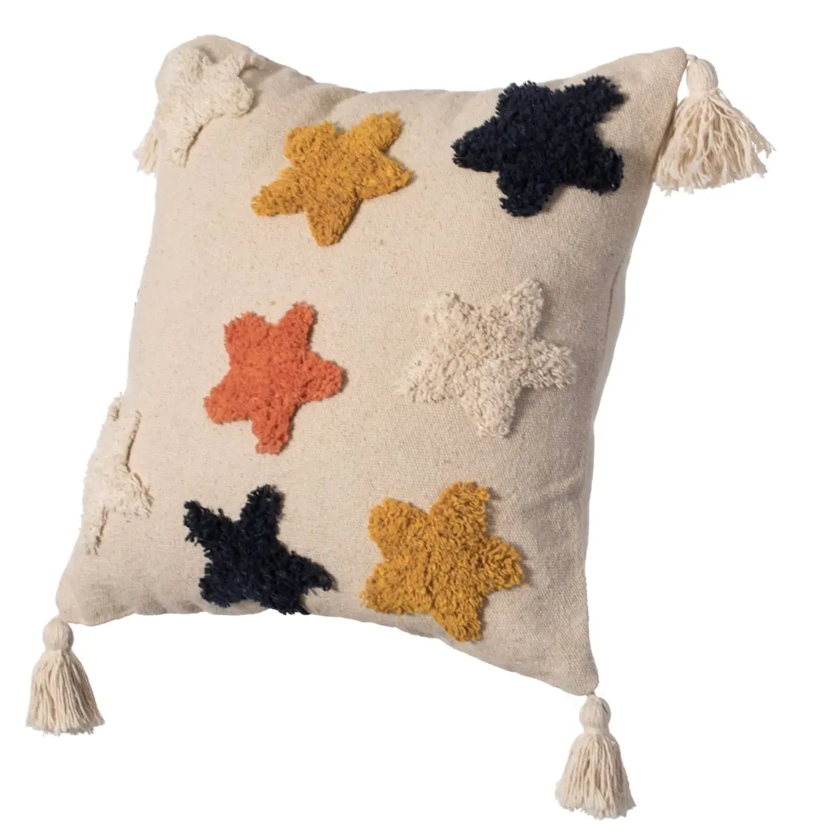 DEERLUX QI004306.SR 16in Square Cushion Cover - 100% Cotton Cushion Covers Handmade by Skilled Artisans, Tufted Stars Pattern, Side Tassels, Hidden Zipper, Filler Included, Rustic Multicolor Bohemian Vintage Home Decor for Living Room