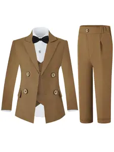 Boys Khaki 4-Piece Suit Set (Blazer + Vest + Trousers + Bow Tie) - Double-Breasted Design, Premium Wrinkle-Resistant & Breathable Fabric, All-Day Comfort, Ideal for Weddings, Birthdays, Graduations, Parties (Shirt Not Included)--XT8620