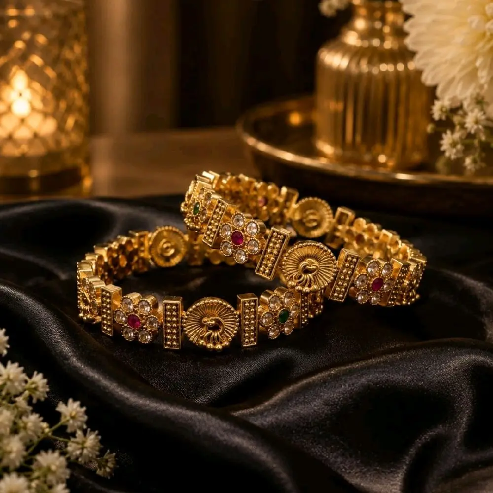 Rajwadi Heritage Multistone Screw-Openable Kada Bangles with ghungroo details