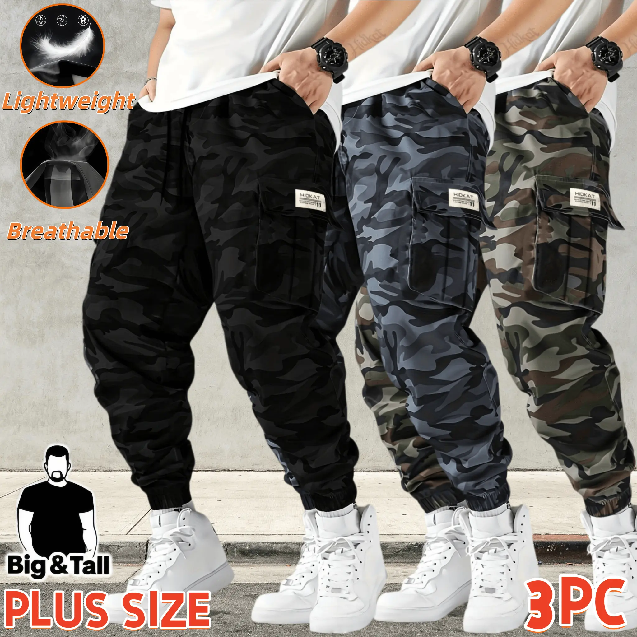 3 Pack Men’s Camo Cargo Jogger Pants, Big & Tall Plus Size Casual Camouflage Trousers, Lightweight Breathable Drawstring Waist Joggers with Multi‑Pockets, Streetwear Hiking Outdoor Daily Wear, Relaxed Fit Cuffed Ankle Cargo Pants for Men sohochic